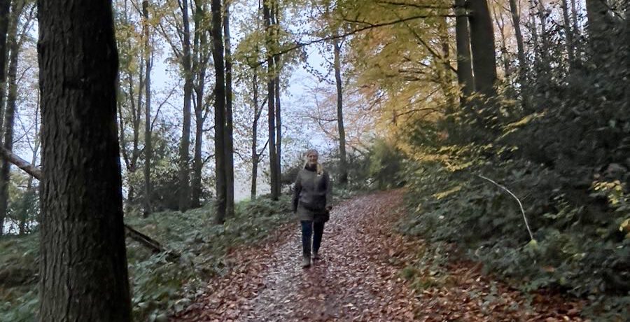 Overgangsconsulent Stef Boes beweegt graag, hier te zien in een bos